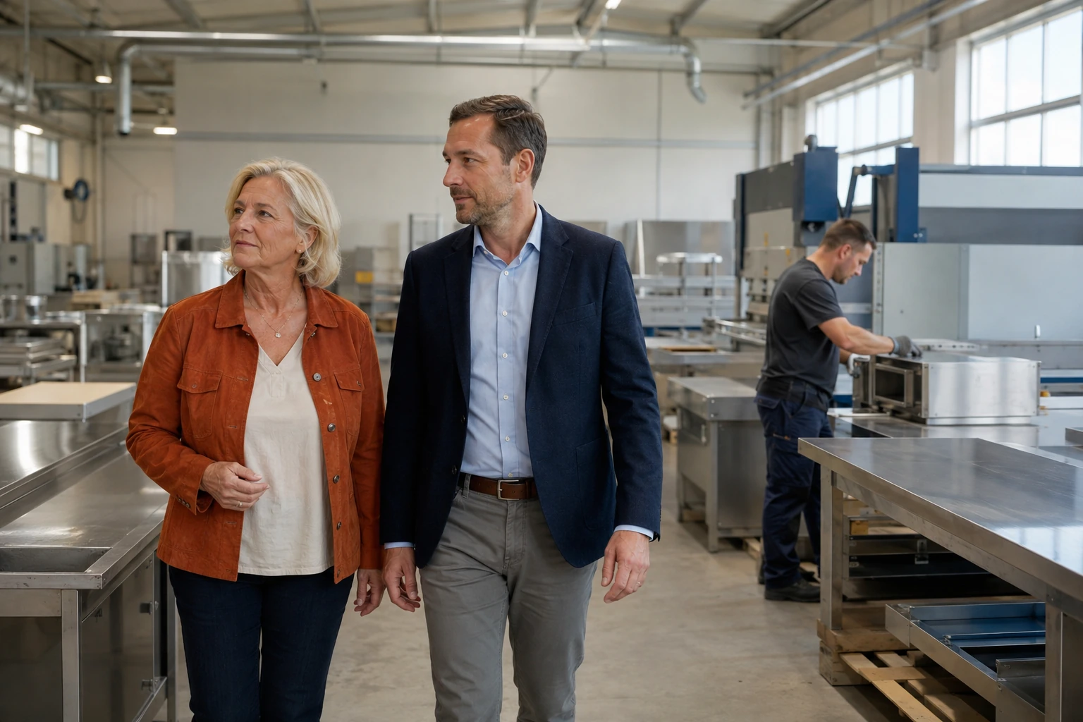 Zwei Personen gehen durch eine Edelstahlfertigung